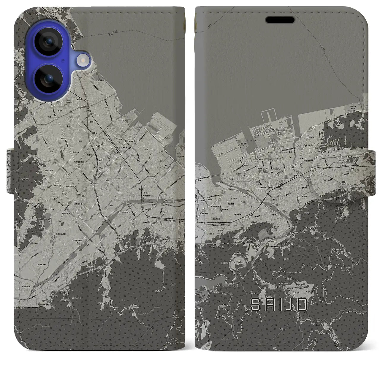 【西条(愛媛県)】地図柄iPhoneケース(手帳タイプ)モノトーン・iPhone 16 Pro Max 用