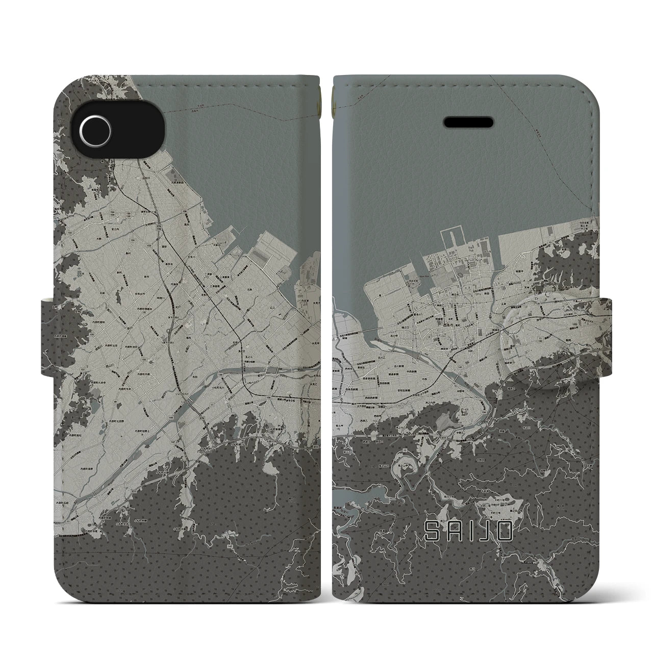 【西条(愛媛県)】地図柄iPhoneケース(手帳タイプ)モノトーン・iPhone SE(第3 / 第2世代) / 8 / 7 / 6s / 6 用
