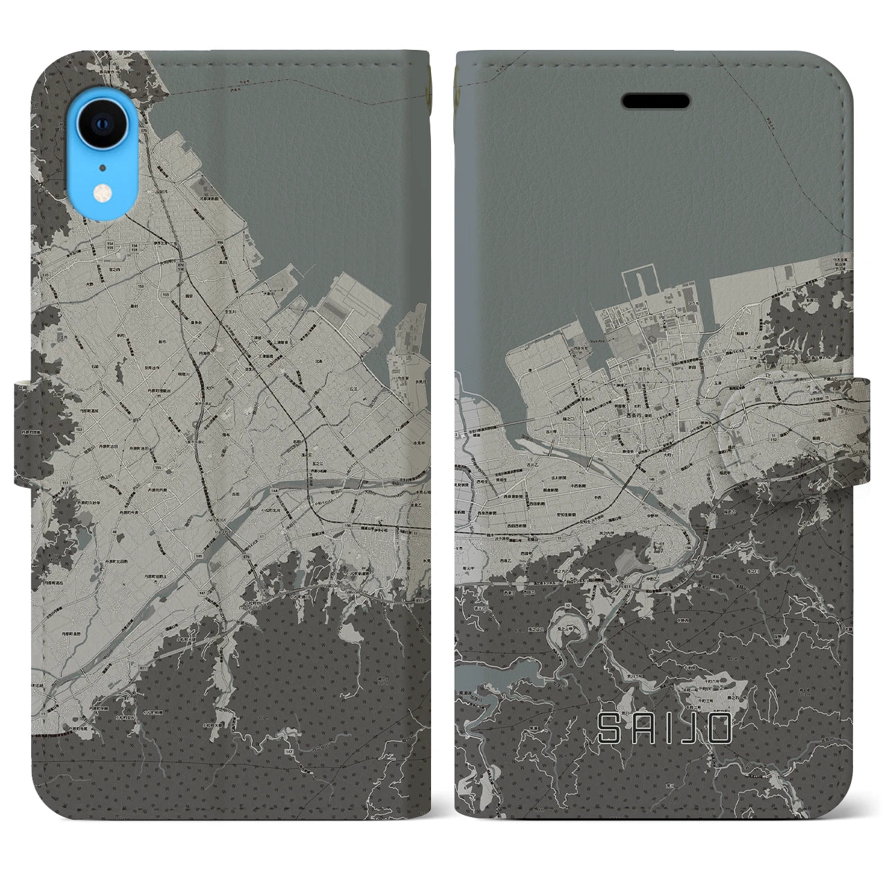 【西条(愛媛県)】地図柄iPhoneケース(手帳タイプ)モノトーン・iPhone XR 用