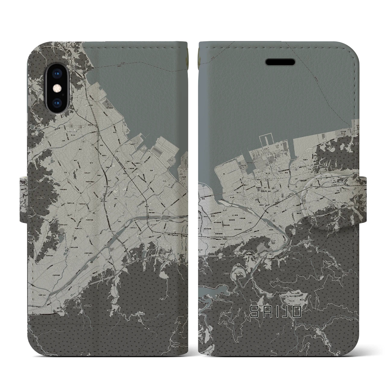 【西条(愛媛県)】地図柄iPhoneケース(手帳タイプ)モノトーン・iPhone XS / X 用