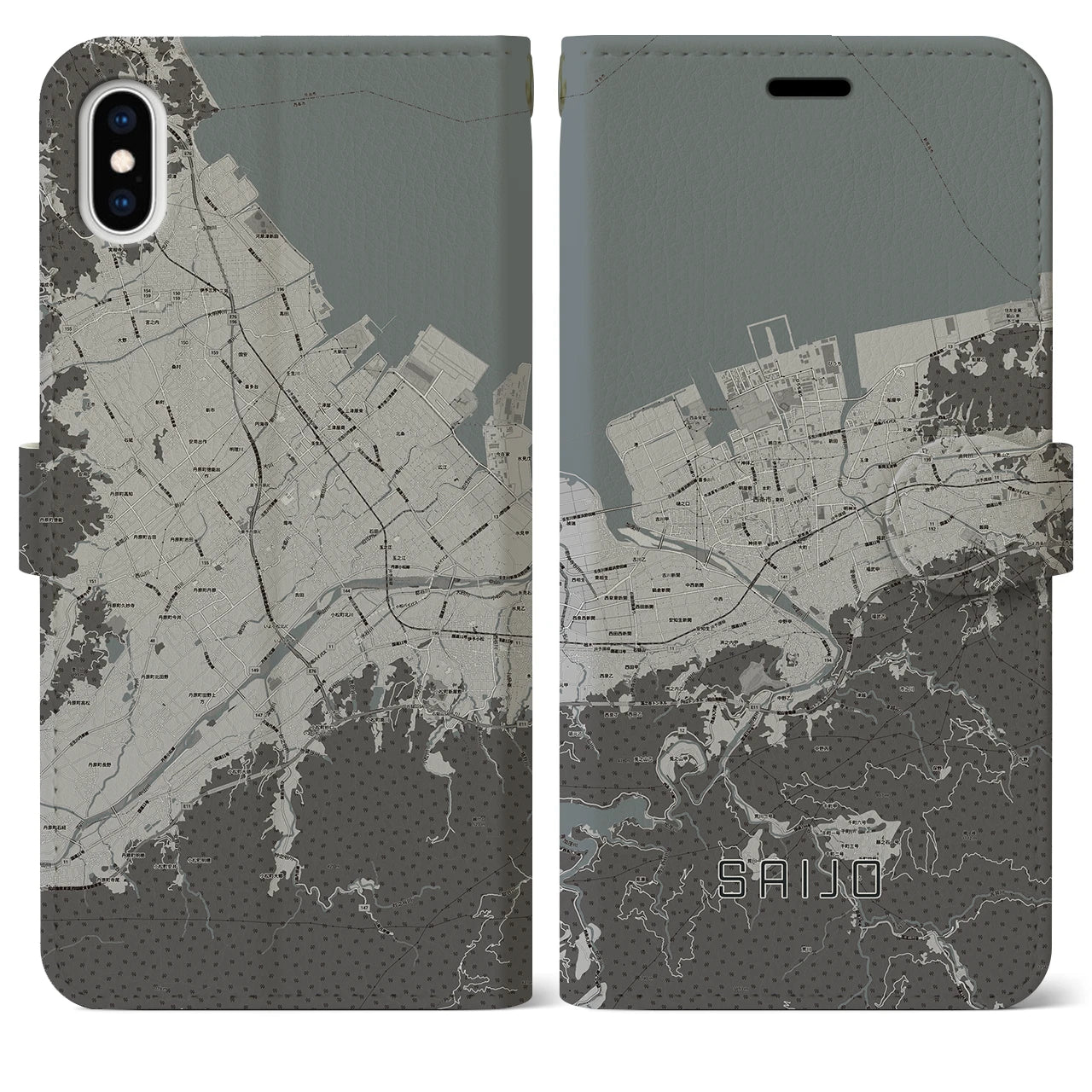 【西条(愛媛県)】地図柄iPhoneケース(手帳タイプ)モノトーン・iPhone XS Max 用