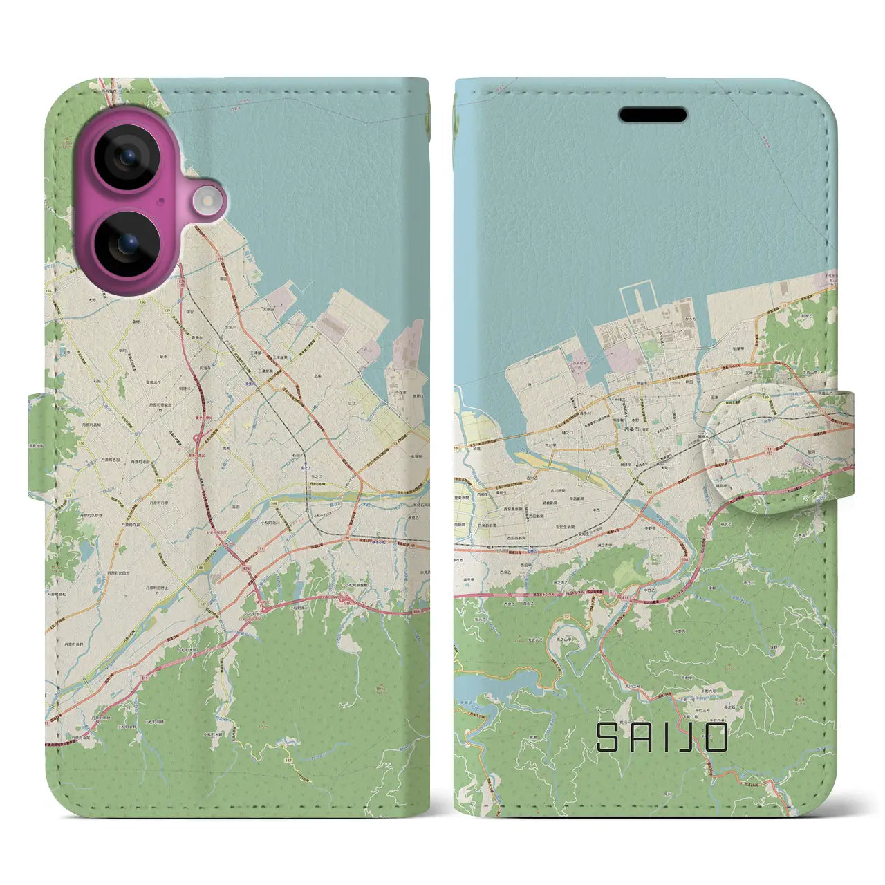 【西条(愛媛県)】地図柄iPhoneケース(手帳タイプ)ナチュラル・iPhone 16 Pro 用