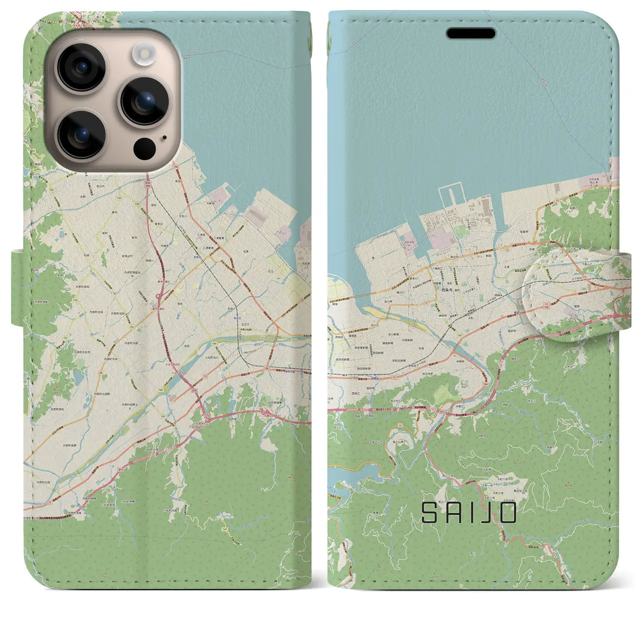 【西条(愛媛県)】地図柄iPhoneケース(手帳タイプ)ナチュラル・iPhone 16 Plus 用
