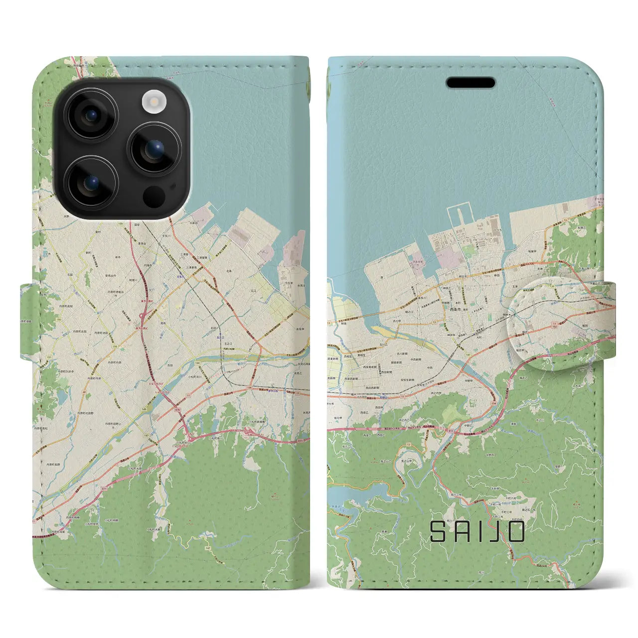 【西条(愛媛県)】地図柄iPhoneケース(手帳タイプ)ナチュラル・iPhone 16 用