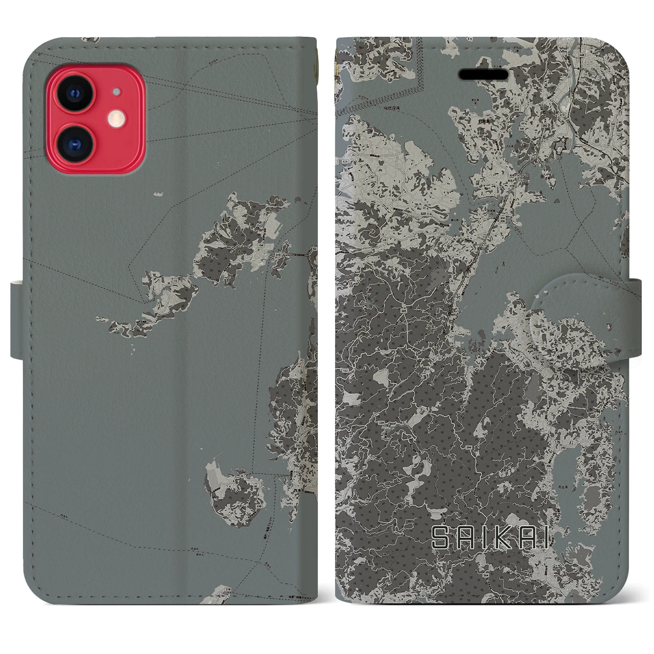【西海(長崎県)】地図柄iPhoneケース(手帳タイプ)モノトーン・iPhone 11 用