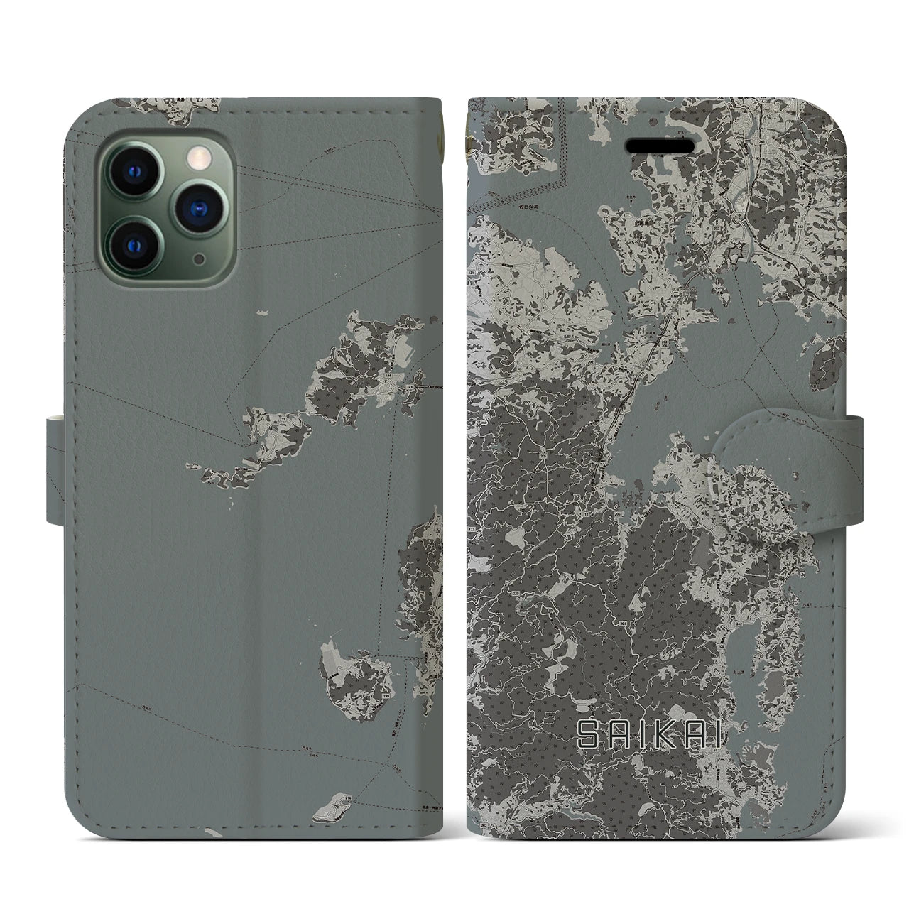 【西海(長崎県)】地図柄iPhoneケース(手帳タイプ)モノトーン・iPhone 11 Pro 用