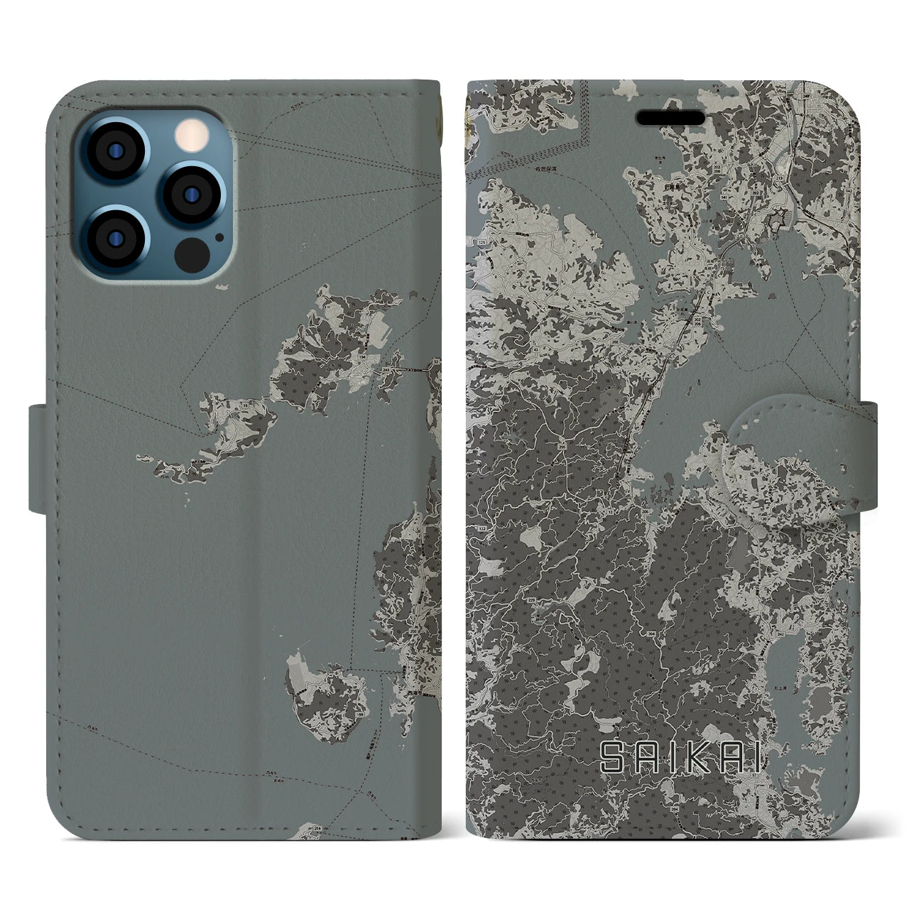 【西海(長崎県)】地図柄iPhoneケース(手帳タイプ)モノトーン・iPhone 12 / 12 Pro 用