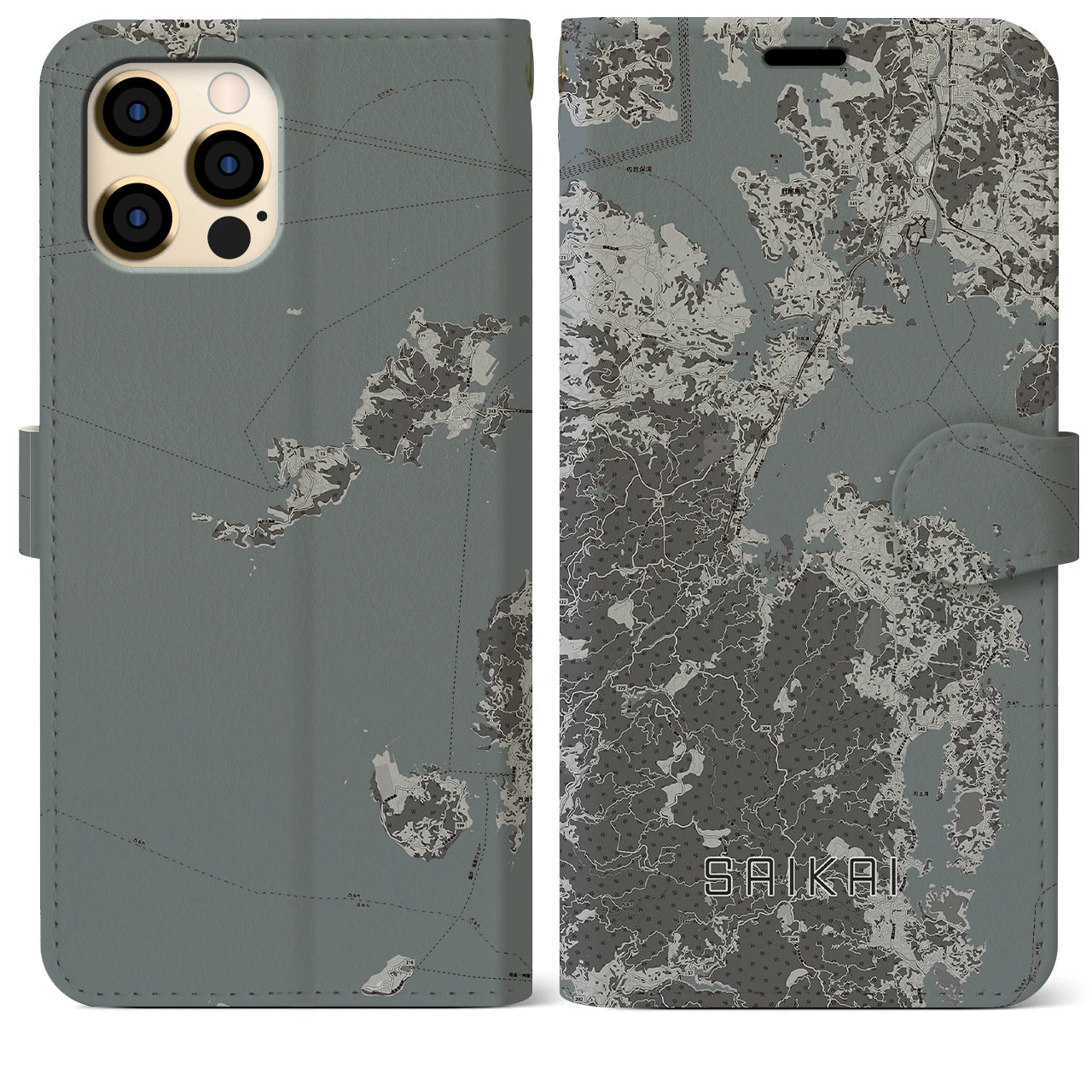 【西海(長崎県)】地図柄iPhoneケース(手帳タイプ)モノトーン・iPhone 12 Pro Max 用