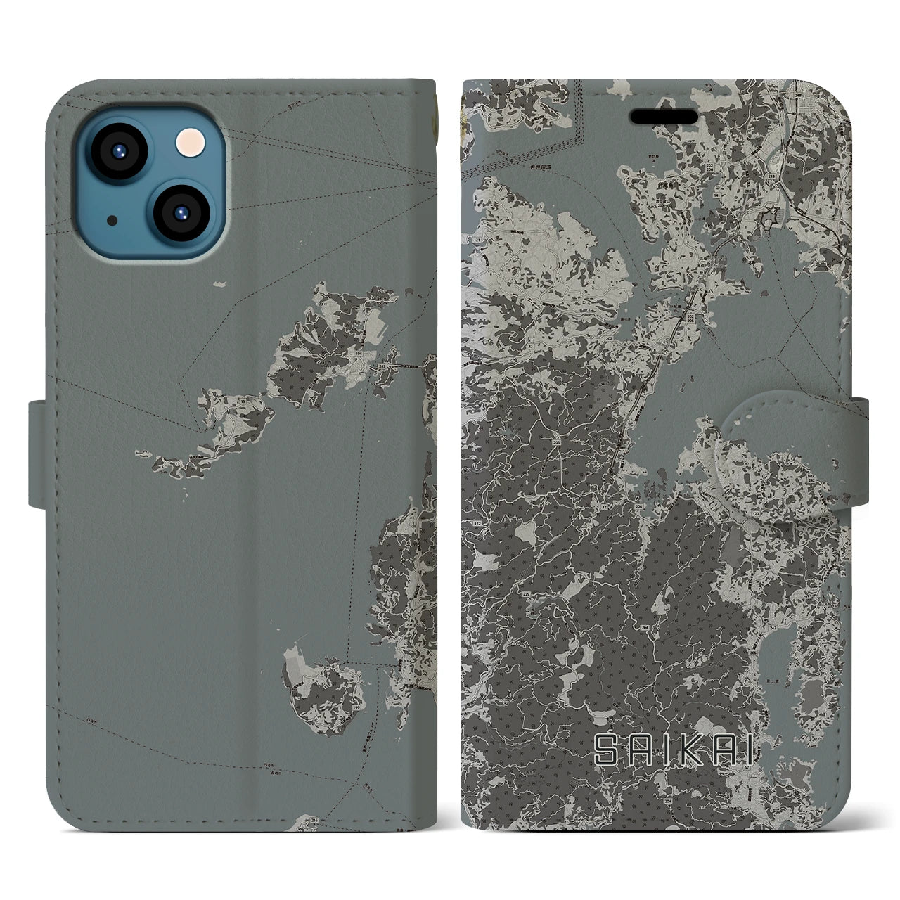 【西海(長崎県)】地図柄iPhoneケース(手帳タイプ)モノトーン・iPhone 13 用
