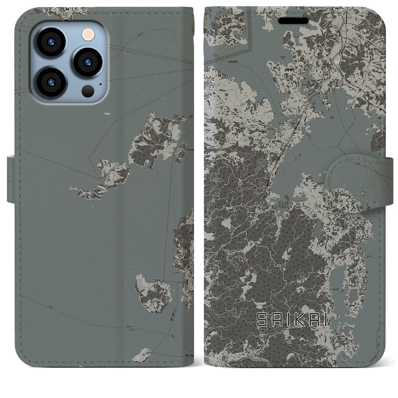 【西海(長崎県)】地図柄iPhoneケース(手帳タイプ)モノトーン・iPhone 13 Pro Max 用