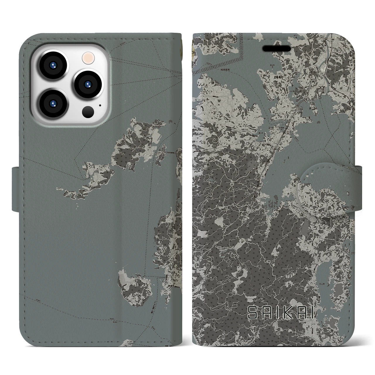 【西海(長崎県)】地図柄iPhoneケース(手帳タイプ)モノトーン・iPhone 13 Pro 用