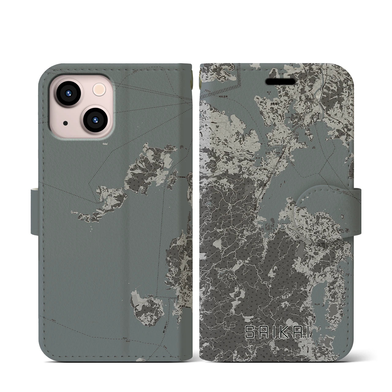 【西海(長崎県)】地図柄iPhoneケース(手帳タイプ)モノトーン・iPhone 13 mini 用