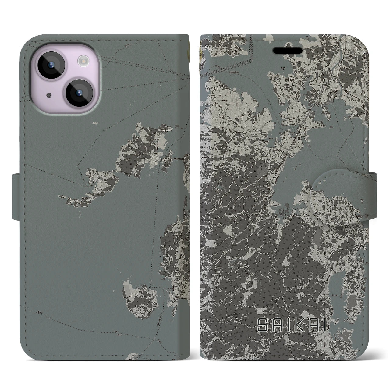 【西海(長崎県)】地図柄iPhoneケース(手帳タイプ)モノトーン・iPhone 14 用