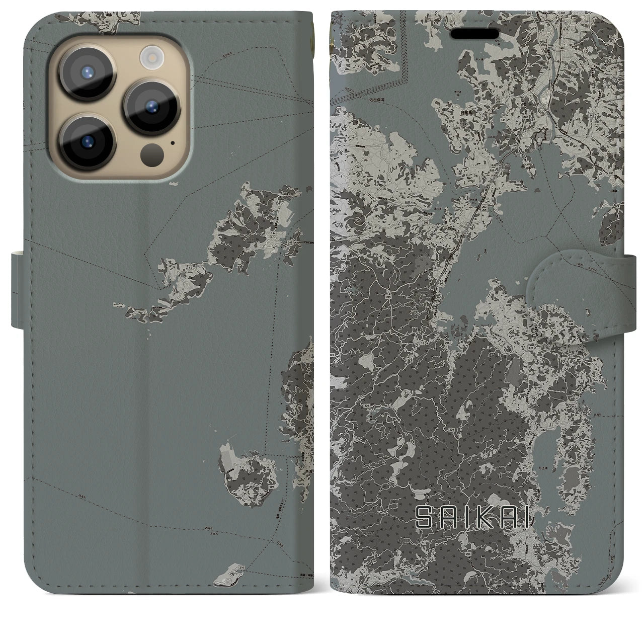 【西海(長崎県)】地図柄iPhoneケース(手帳タイプ)モノトーン・iPhone 14 Pro Max 用