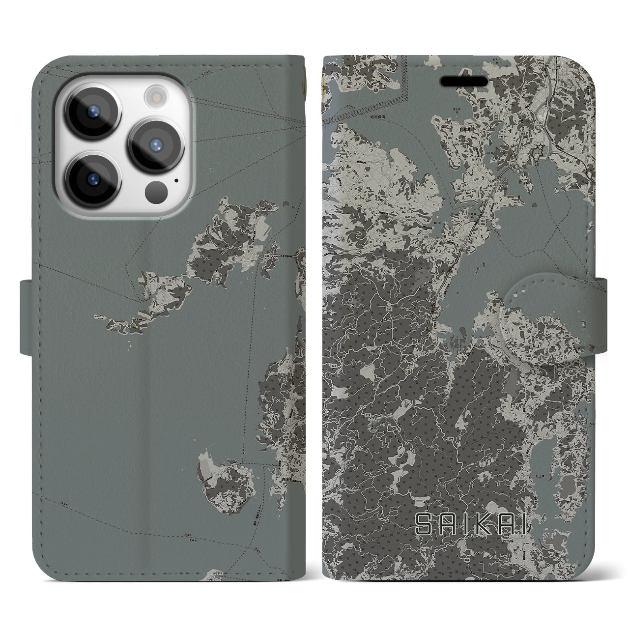 【西海(長崎県)】地図柄iPhoneケース(手帳タイプ)モノトーン・iPhone 14 Pro 用