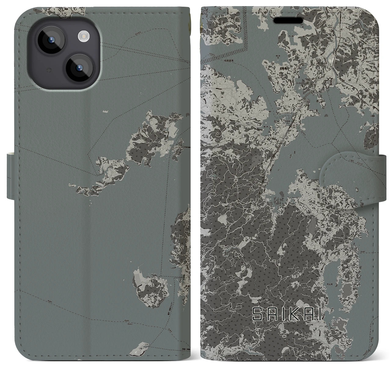 【西海(長崎県)】地図柄iPhoneケース(手帳タイプ)モノトーン・iPhone 14 Plus 用