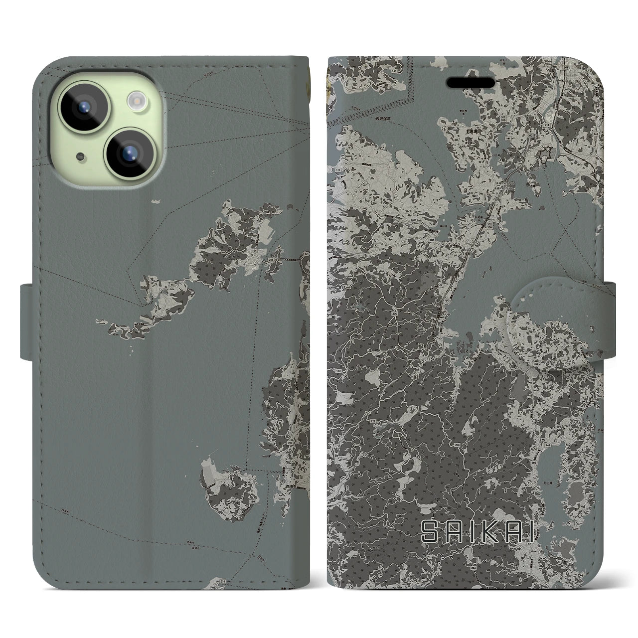 【西海(長崎県)】地図柄iPhoneケース(手帳タイプ)モノトーン・iPhone 15 用