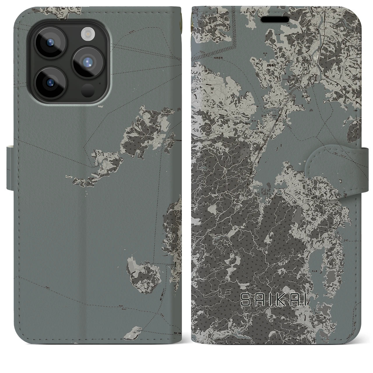 【西海(長崎県)】地図柄iPhoneケース(手帳タイプ)モノトーン・iPhone 15 Pro Max 用