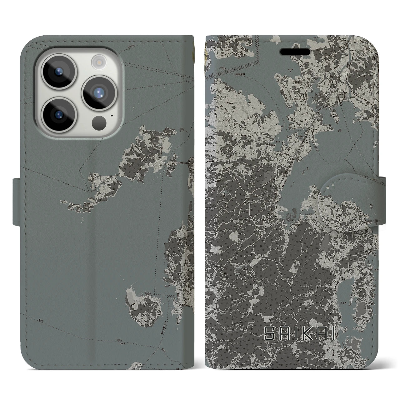 【西海(長崎県)】地図柄iPhoneケース(手帳タイプ)モノトーン・iPhone 15 Pro 用