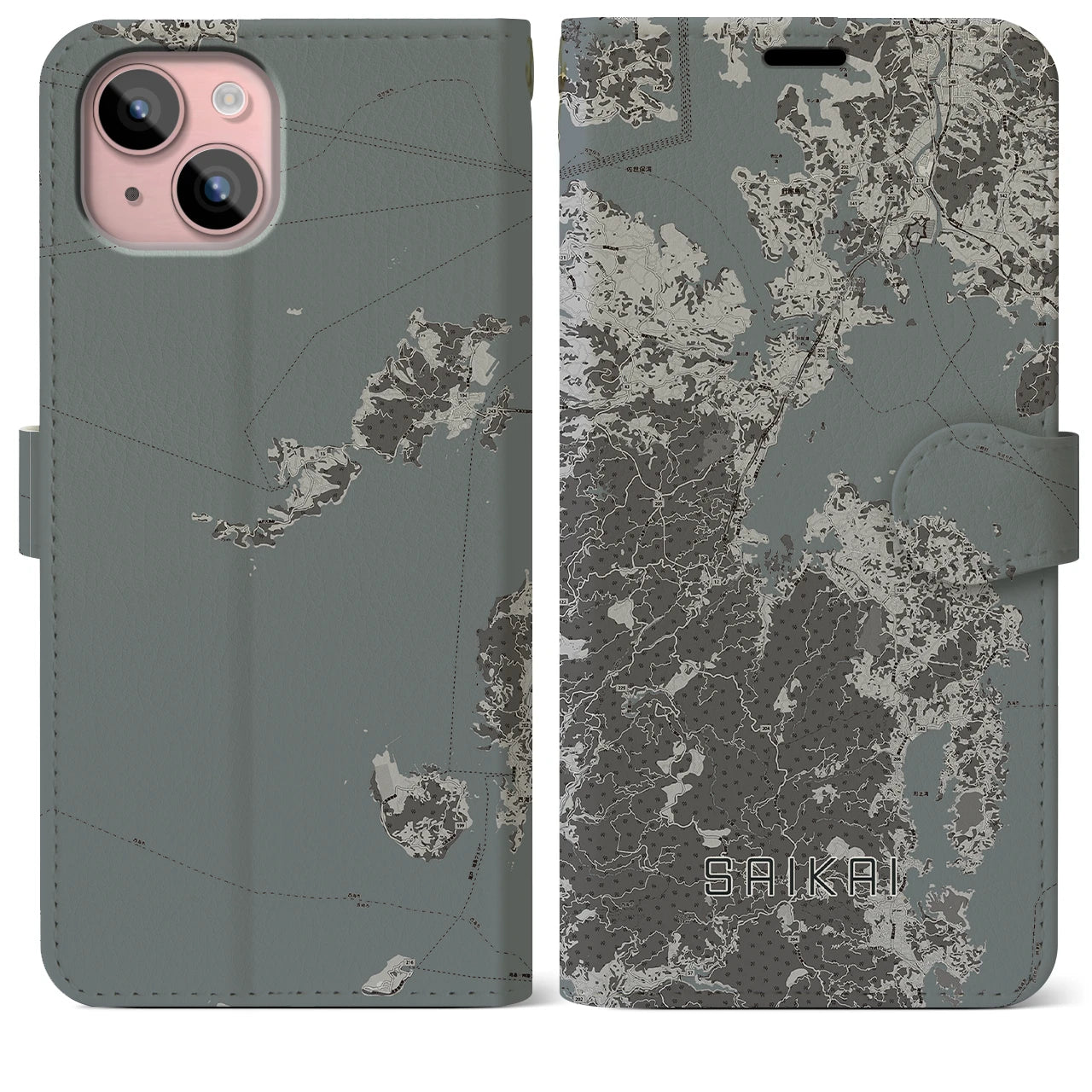 【西海(長崎県)】地図柄iPhoneケース(手帳タイプ)モノトーン・iPhone 15 Plus 用