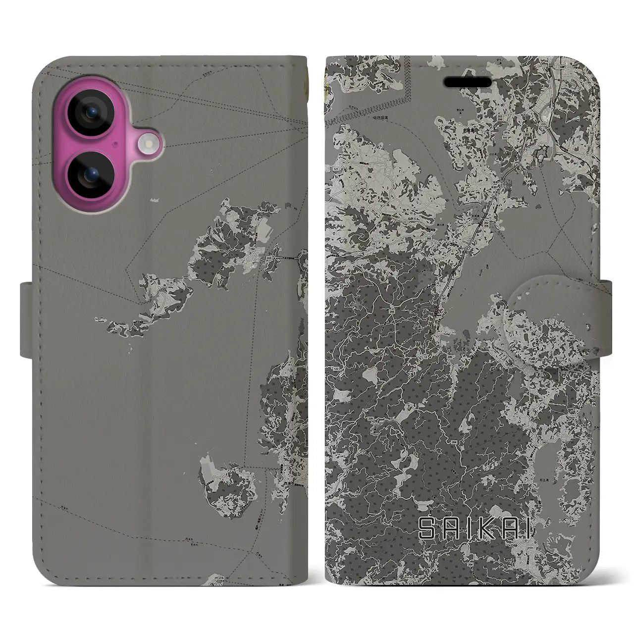 【西海(長崎県)】地図柄iPhoneケース(手帳タイプ)モノトーン・iPhone 16 Pro 用