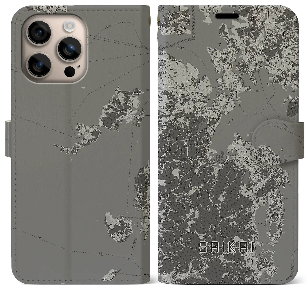 【西海(長崎県)】地図柄iPhoneケース(手帳タイプ)モノトーン・iPhone 16 Plus 用