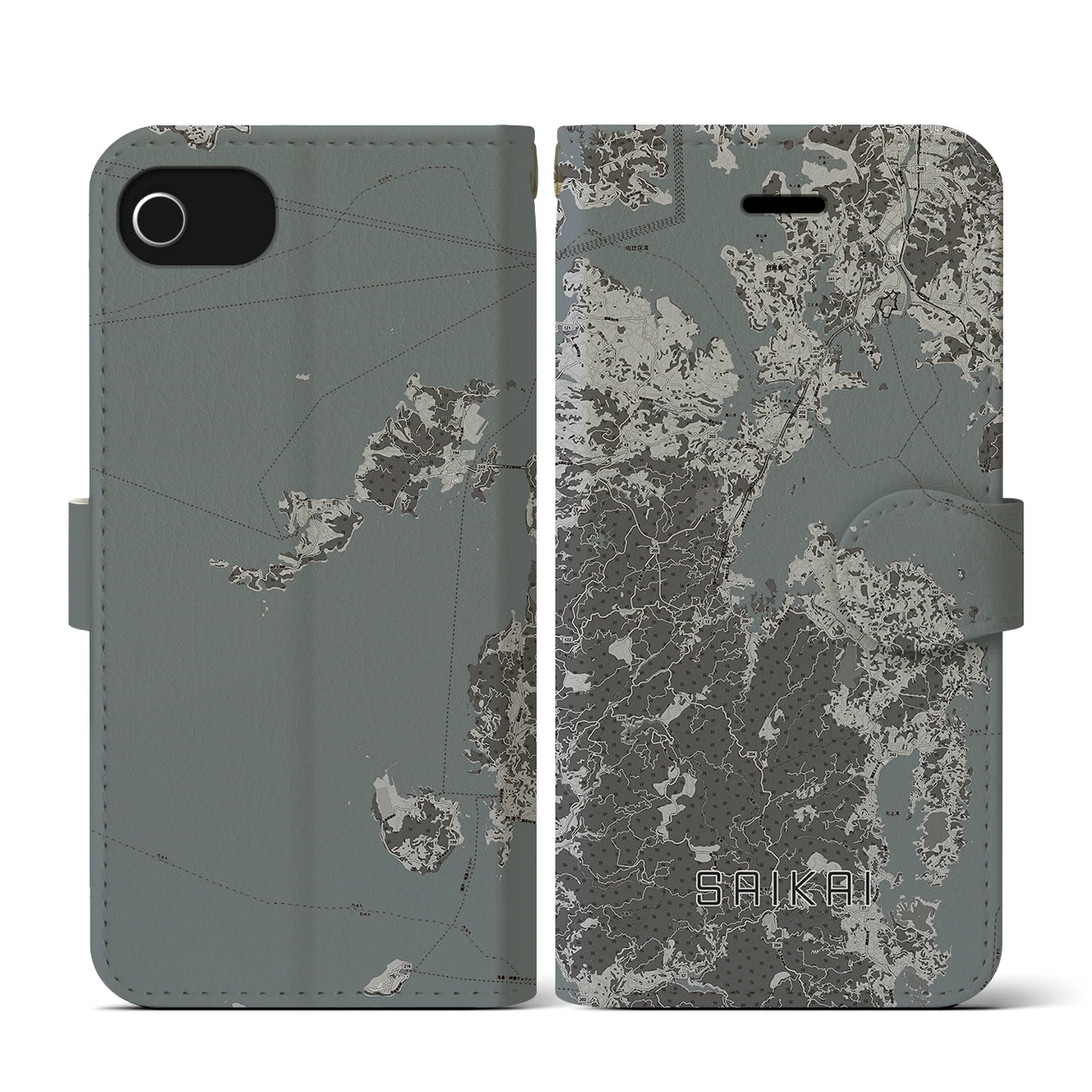 【西海(長崎県)】地図柄iPhoneケース(手帳タイプ)モノトーン・iPhone SE(第3 / 第2世代) / 8 / 7 / 6s / 6 用