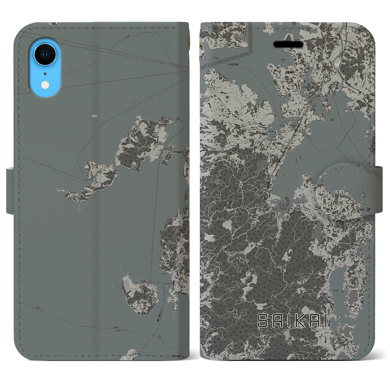 【西海(長崎県)】地図柄iPhoneケース(手帳タイプ)モノトーン・iPhone XR 用