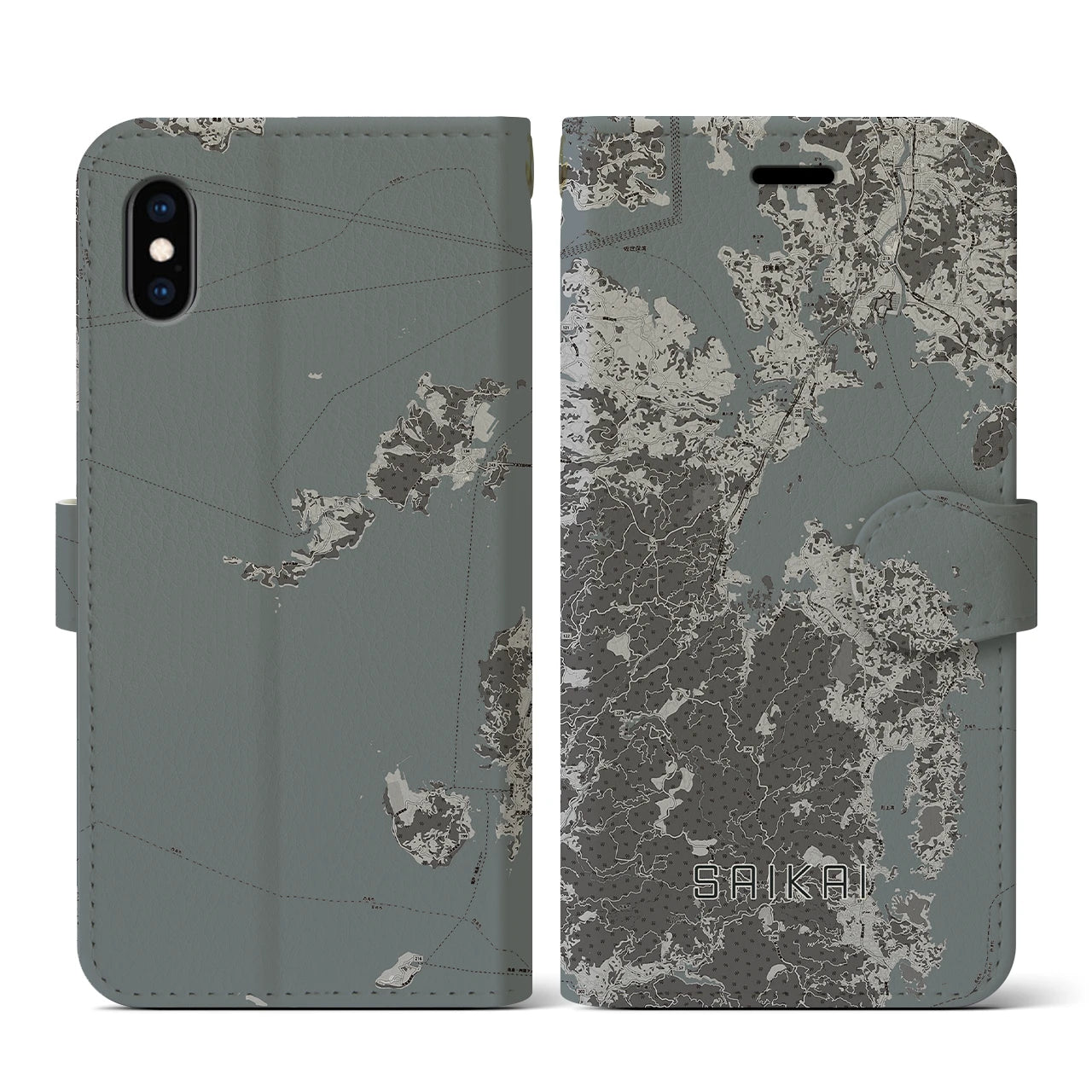 【西海(長崎県)】地図柄iPhoneケース(手帳タイプ)モノトーン・iPhone XS / X 用