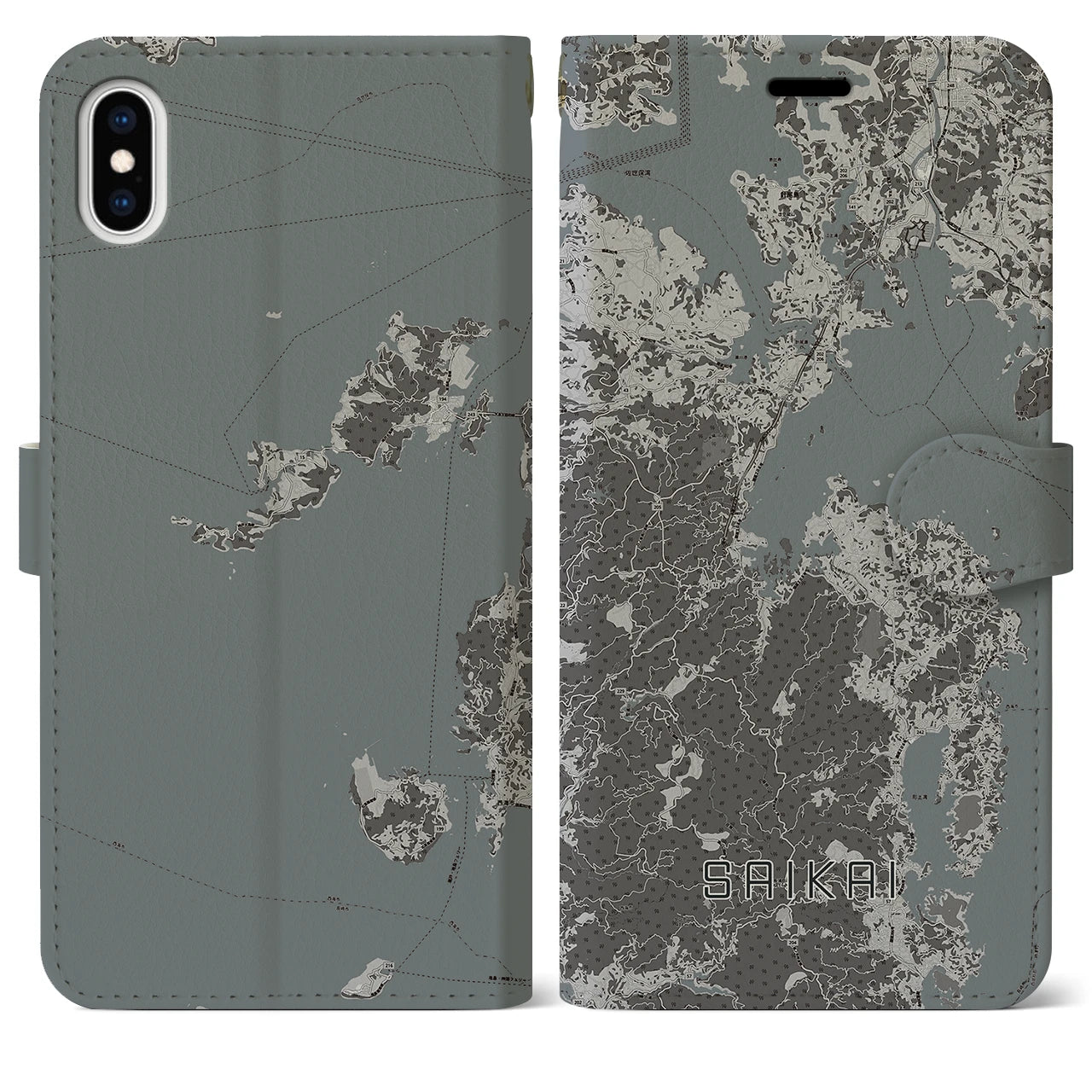 【西海(長崎県)】地図柄iPhoneケース(手帳タイプ)モノトーン・iPhone XS Max 用