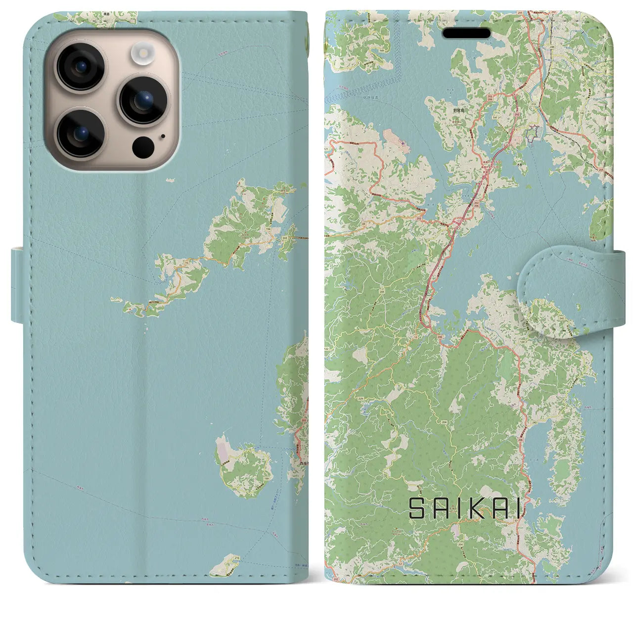 【西海(長崎県)】地図柄iPhoneケース(手帳タイプ)ナチュラル・iPhone 16 Plus 用