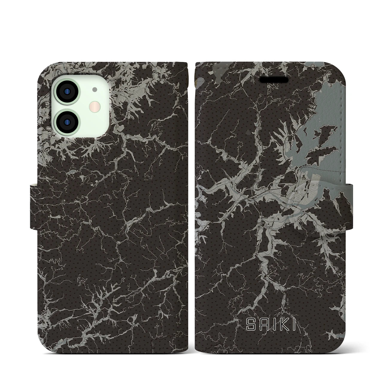 【佐伯(大分県)】地図柄iPhoneケース(手帳タイプ)モノトーン・iPhone 12 mini 用