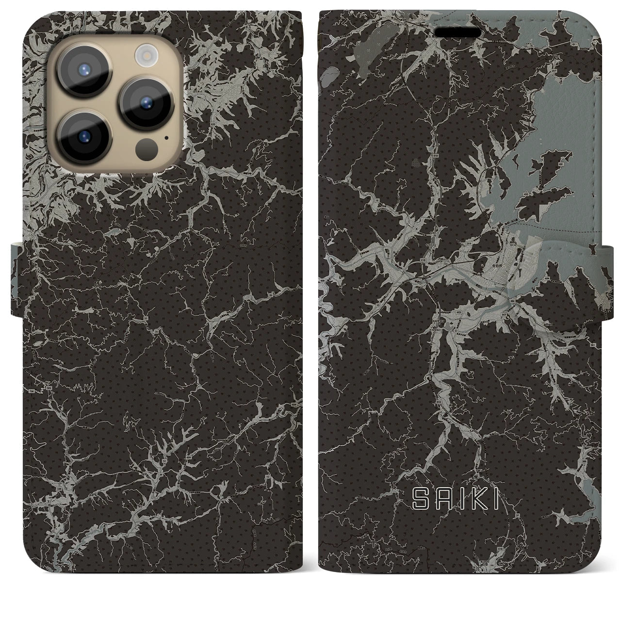 【佐伯(大分県)】地図柄iPhoneケース(手帳タイプ)モノトーン・iPhone 14 Pro Max 用