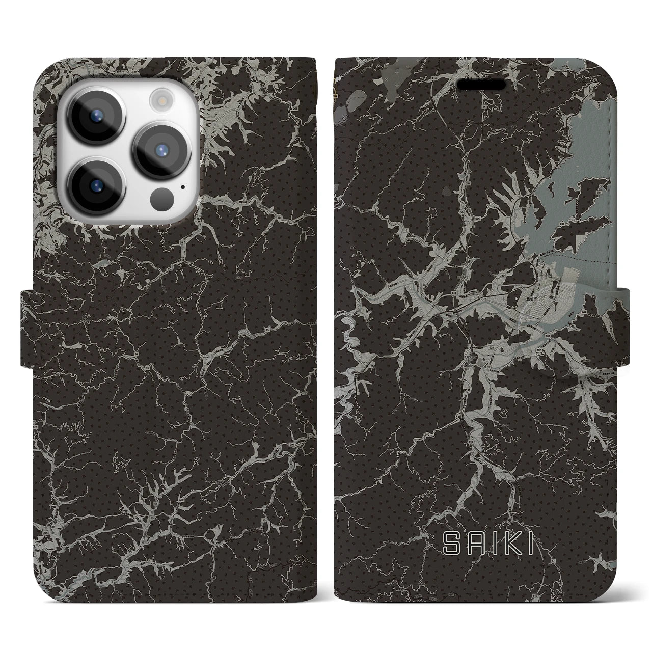 【佐伯(大分県)】地図柄iPhoneケース(手帳タイプ)モノトーン・iPhone 14 Pro 用