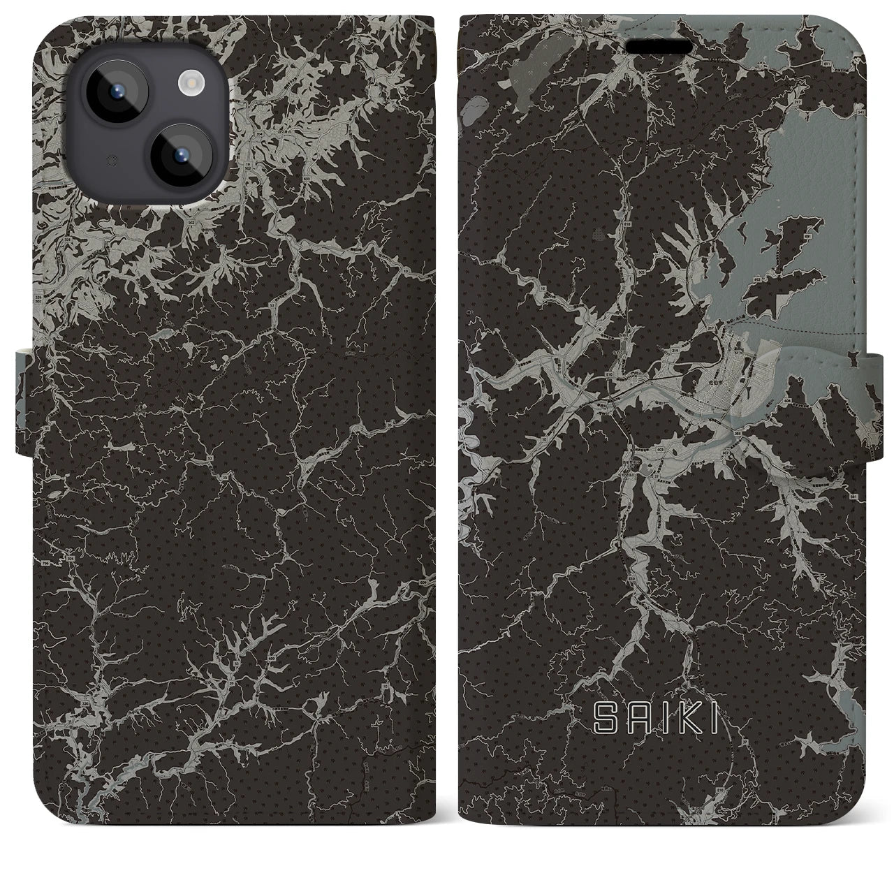 【佐伯(大分県)】地図柄iPhoneケース(手帳タイプ)モノトーン・iPhone 14 Plus 用