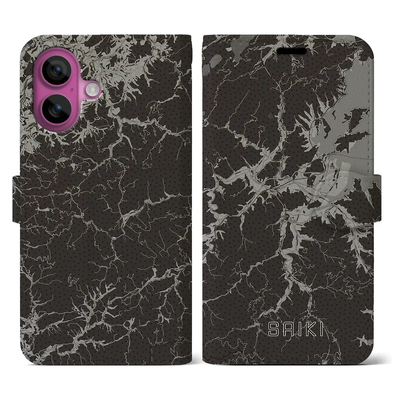 【佐伯(大分県)】地図柄iPhoneケース(手帳タイプ)モノトーン・iPhone 16 Pro 用