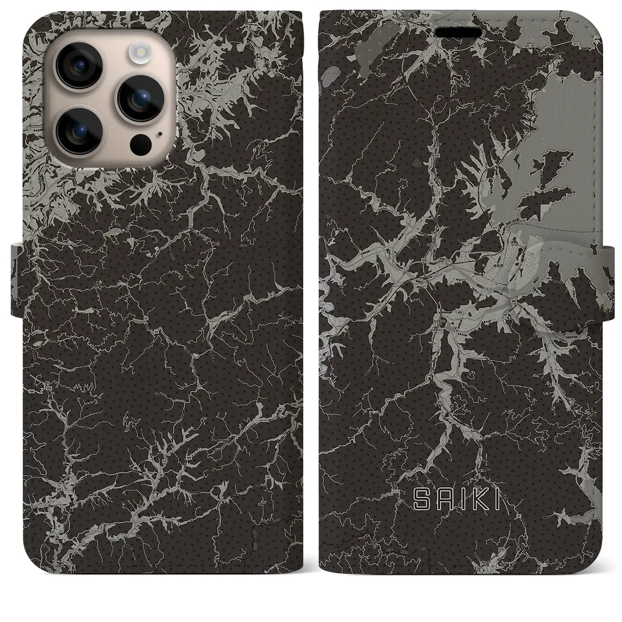 【佐伯(大分県)】地図柄iPhoneケース(手帳タイプ)モノトーン・iPhone 16 Plus 用
