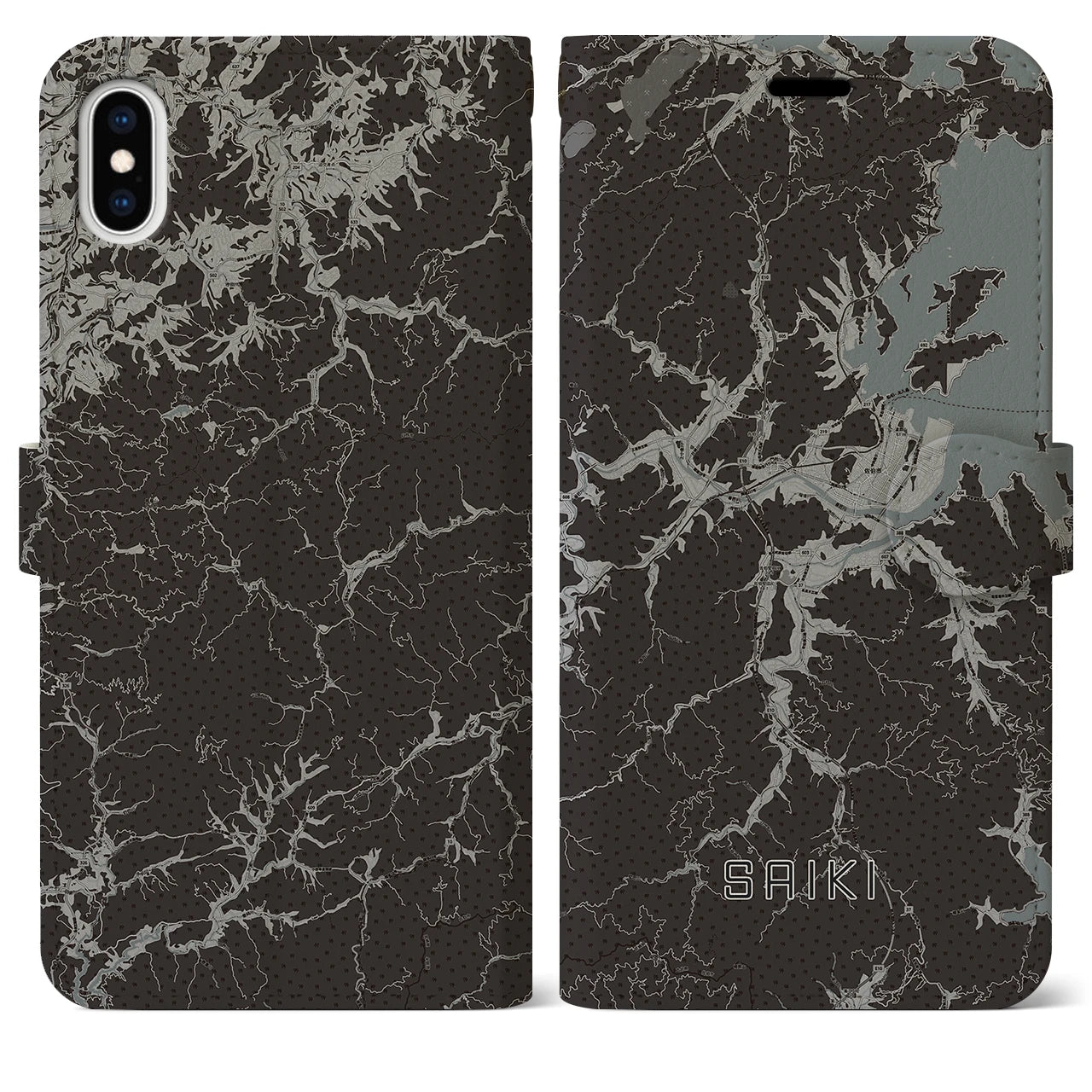 【佐伯(大分県)】地図柄iPhoneケース(手帳タイプ)モノトーン・iPhone XS Max 用