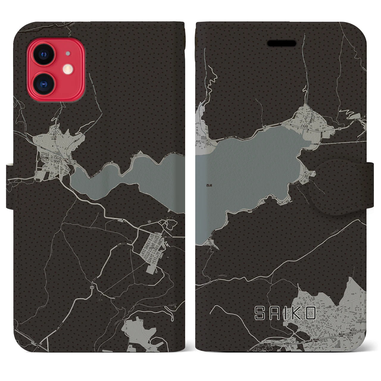 【西湖(山梨県)】地図柄iPhoneケース(手帳タイプ)モノトーン・iPhone 11 用