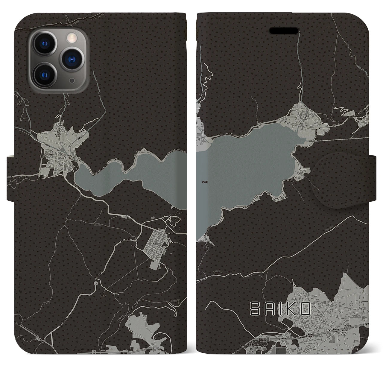 【西湖(山梨県)】地図柄iPhoneケース(手帳タイプ)モノトーン・iPhone 11 Pro Max 用