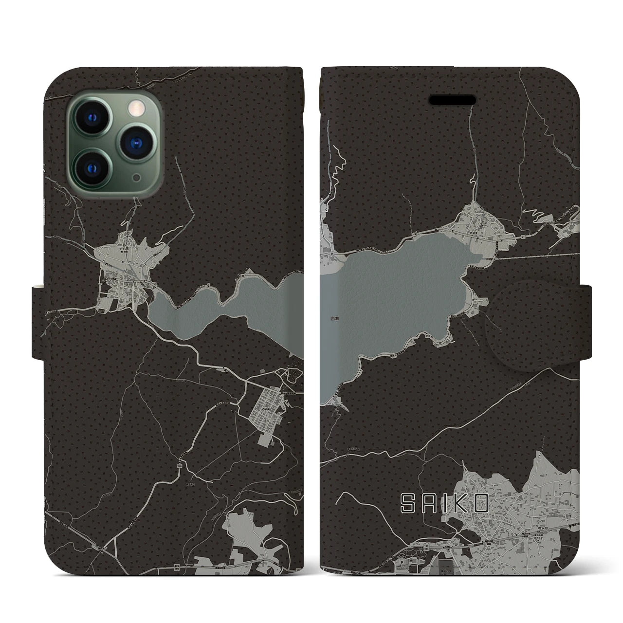 【西湖(山梨県)】地図柄iPhoneケース(手帳タイプ)モノトーン・iPhone 11 Pro 用