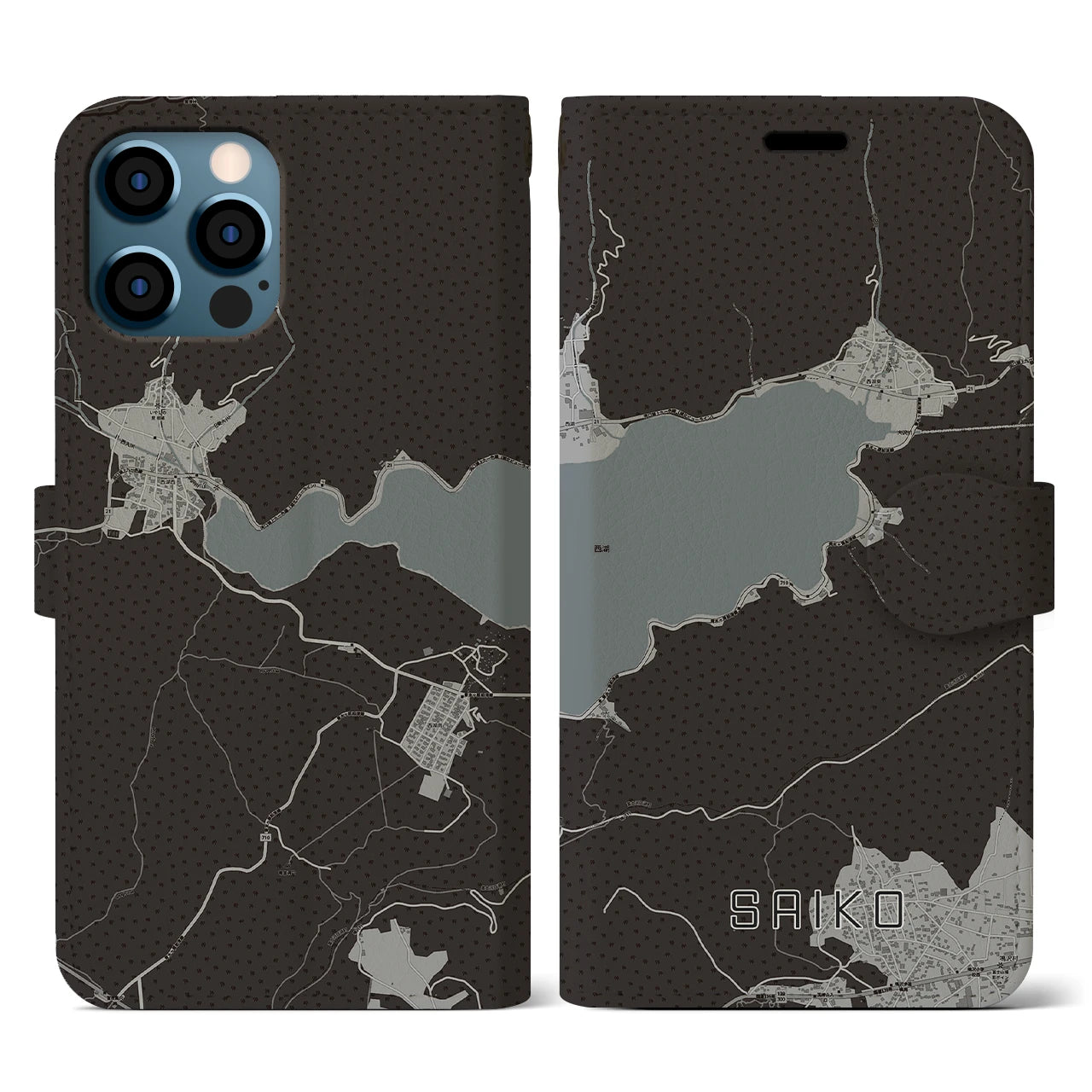 【西湖(山梨県)】地図柄iPhoneケース(手帳タイプ)モノトーン・iPhone 12 / 12 Pro 用