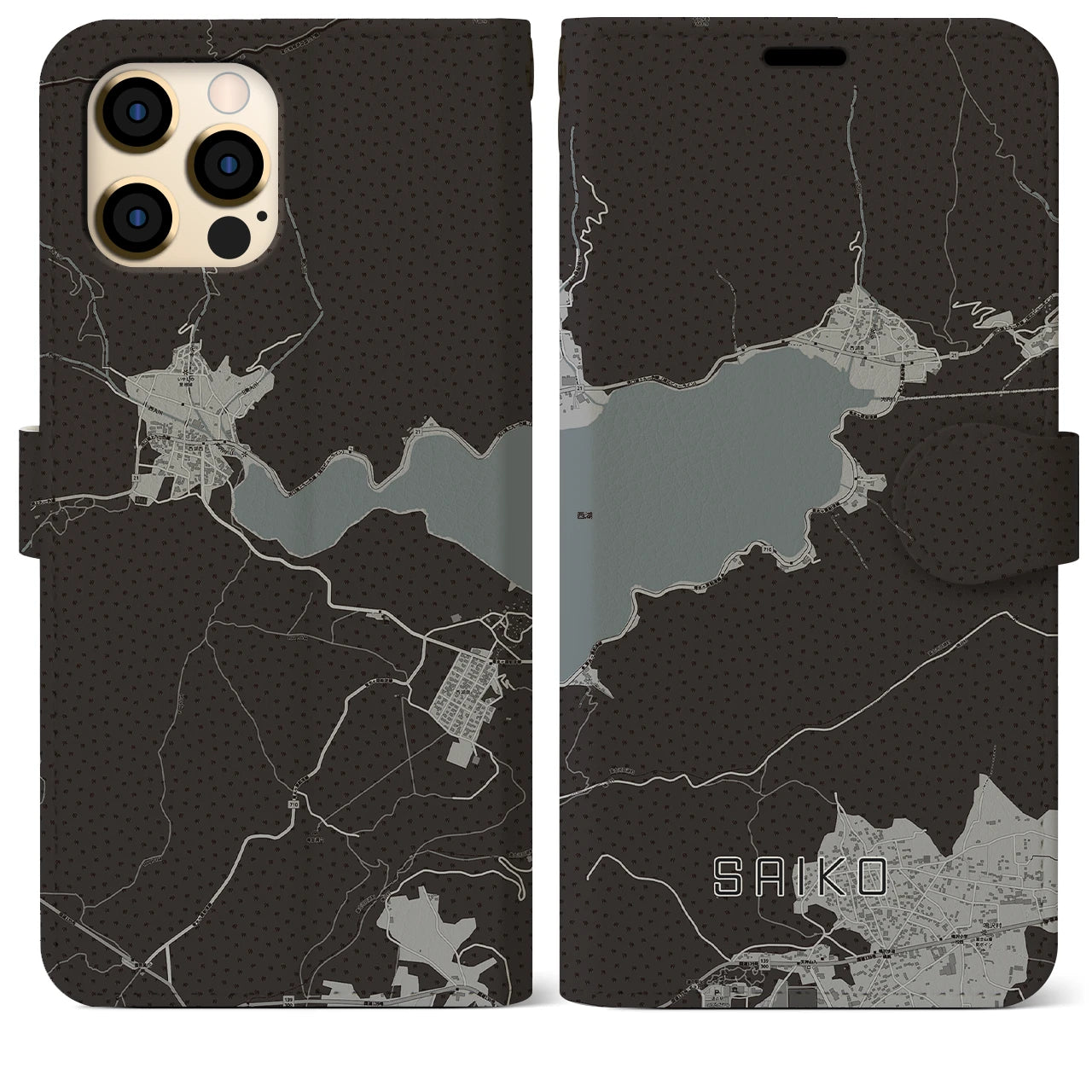 【西湖(山梨県)】地図柄iPhoneケース(手帳タイプ)モノトーン・iPhone 12 Pro Max 用