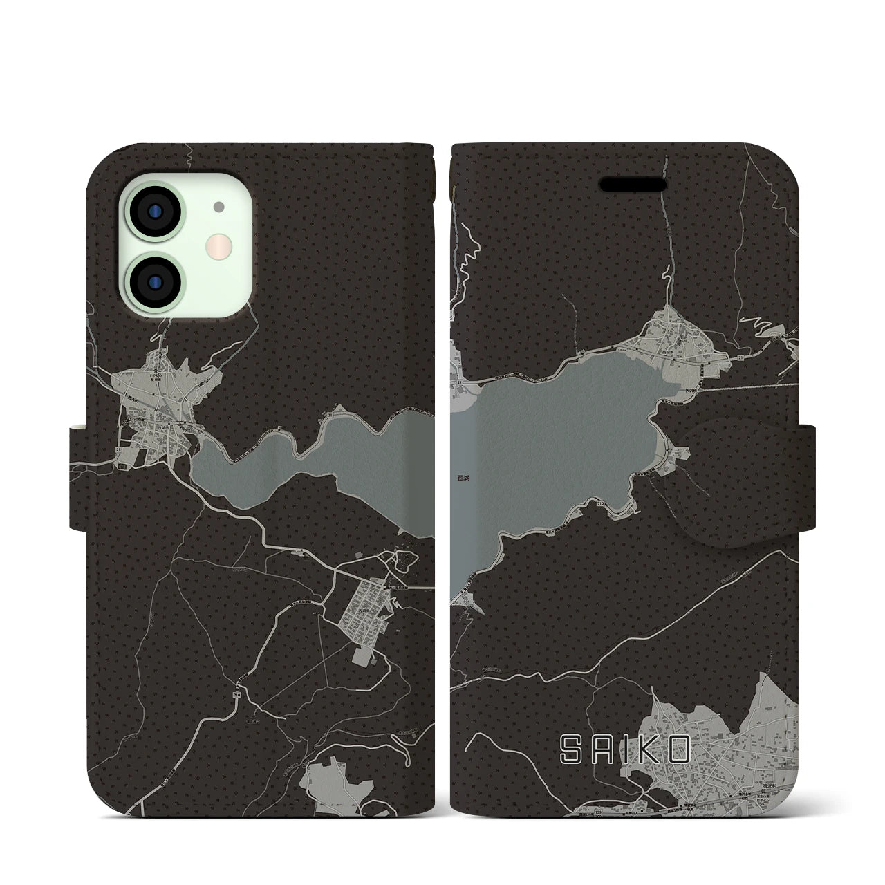 【西湖(山梨県)】地図柄iPhoneケース(手帳タイプ)モノトーン・iPhone 12 mini 用