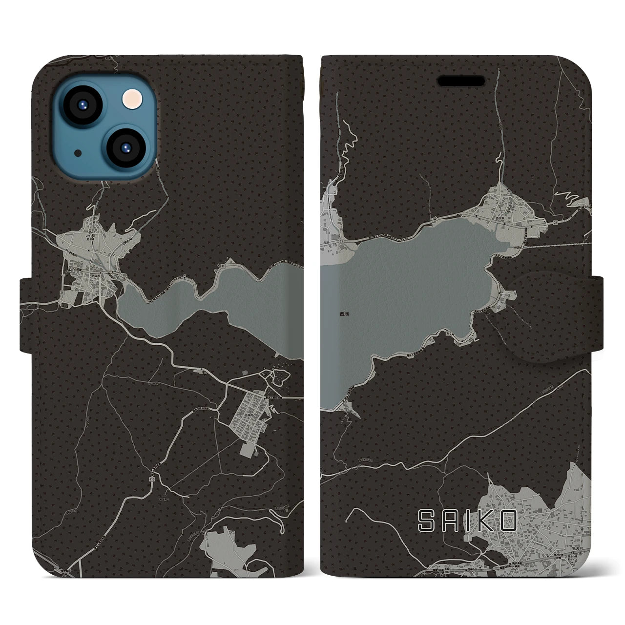 【西湖(山梨県)】地図柄iPhoneケース(手帳タイプ)モノトーン・iPhone 13 用