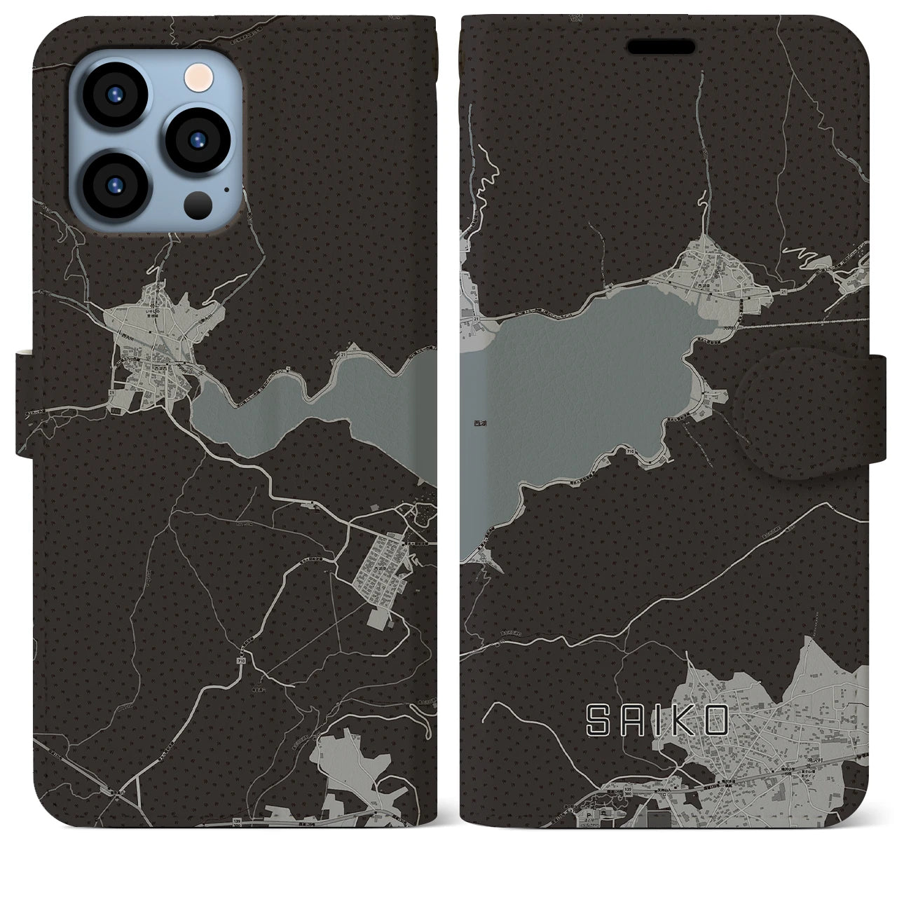 【西湖(山梨県)】地図柄iPhoneケース(手帳タイプ)モノトーン・iPhone 13 Pro Max 用