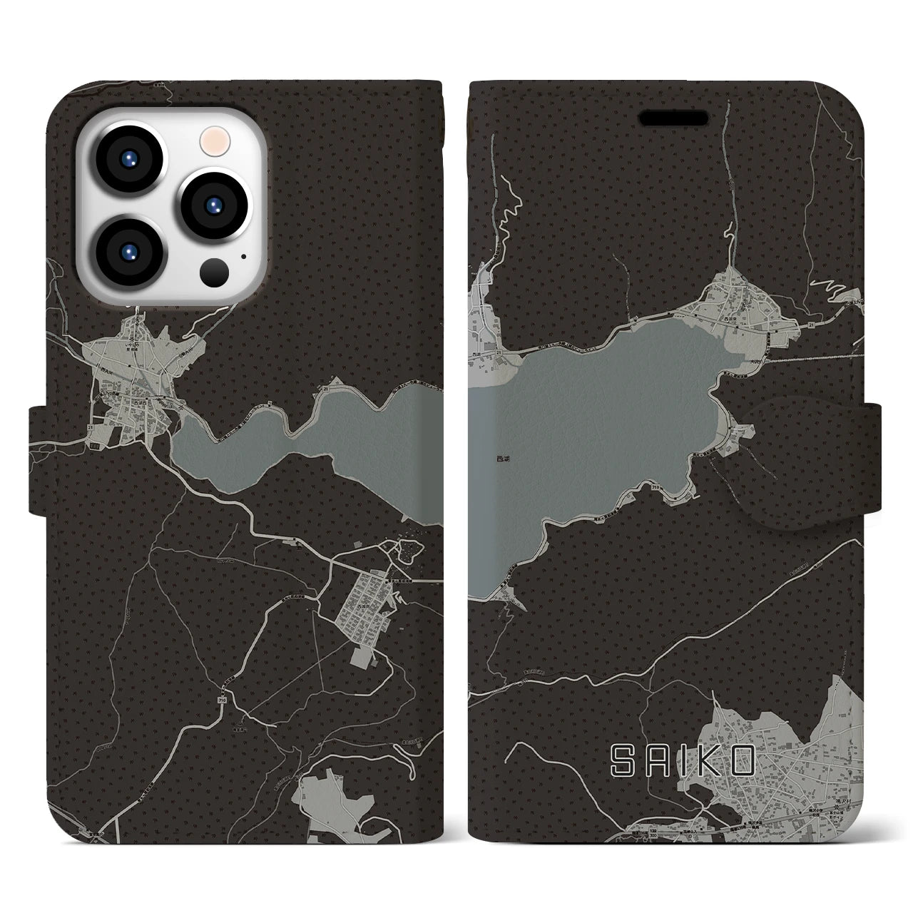 【西湖(山梨県)】地図柄iPhoneケース(手帳タイプ)モノトーン・iPhone 13 Pro 用