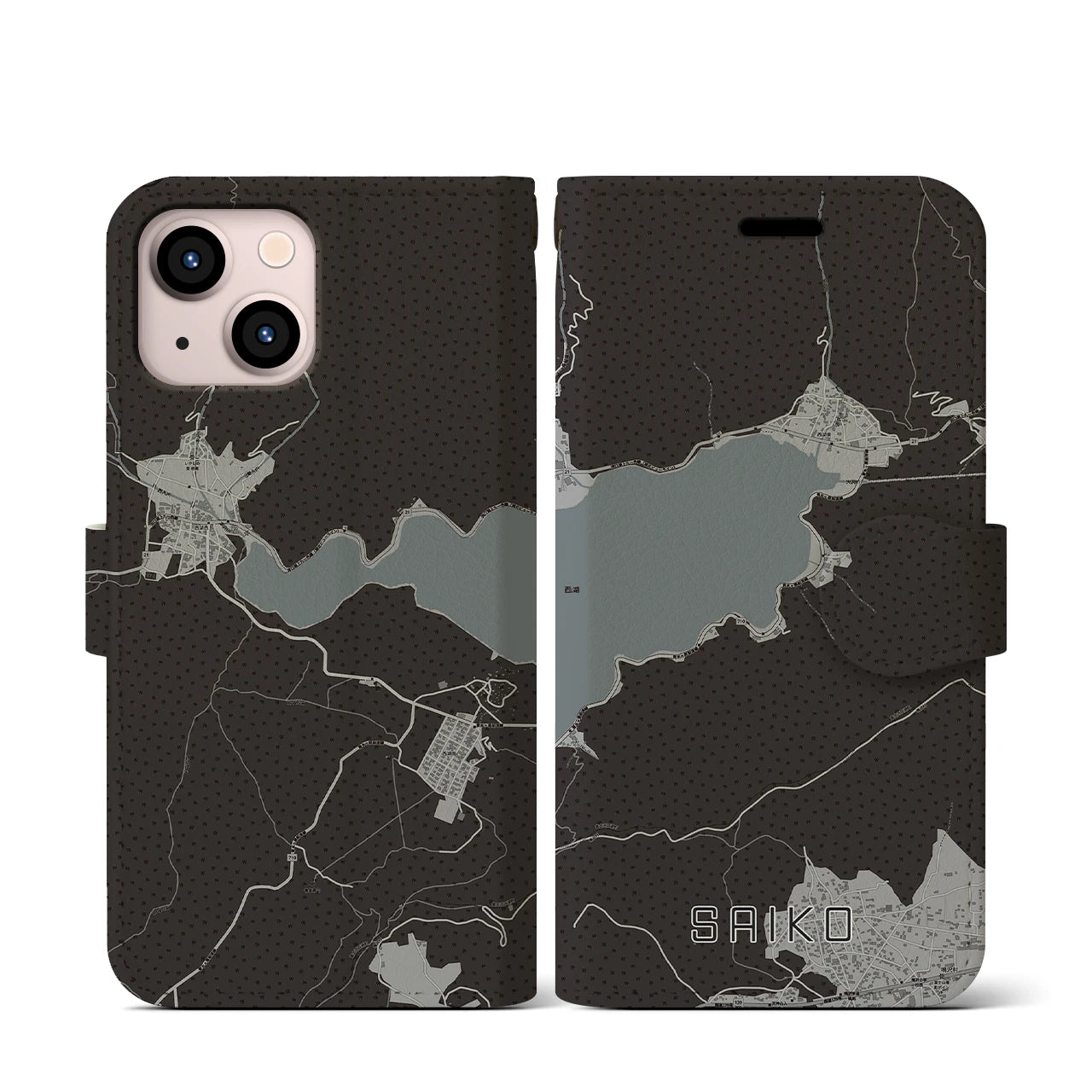 【西湖(山梨県)】地図柄iPhoneケース(手帳タイプ)モノトーン・iPhone 13 mini 用