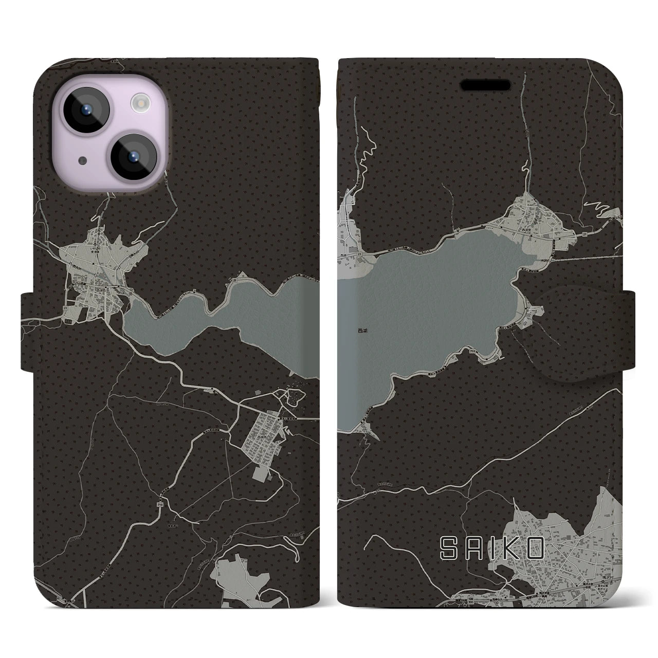 【西湖(山梨県)】地図柄iPhoneケース(手帳タイプ)モノトーン・iPhone 14 用