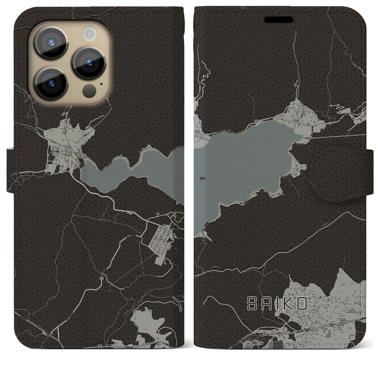 【西湖(山梨県)】地図柄iPhoneケース(手帳タイプ)モノトーン・iPhone 14 Pro Max 用